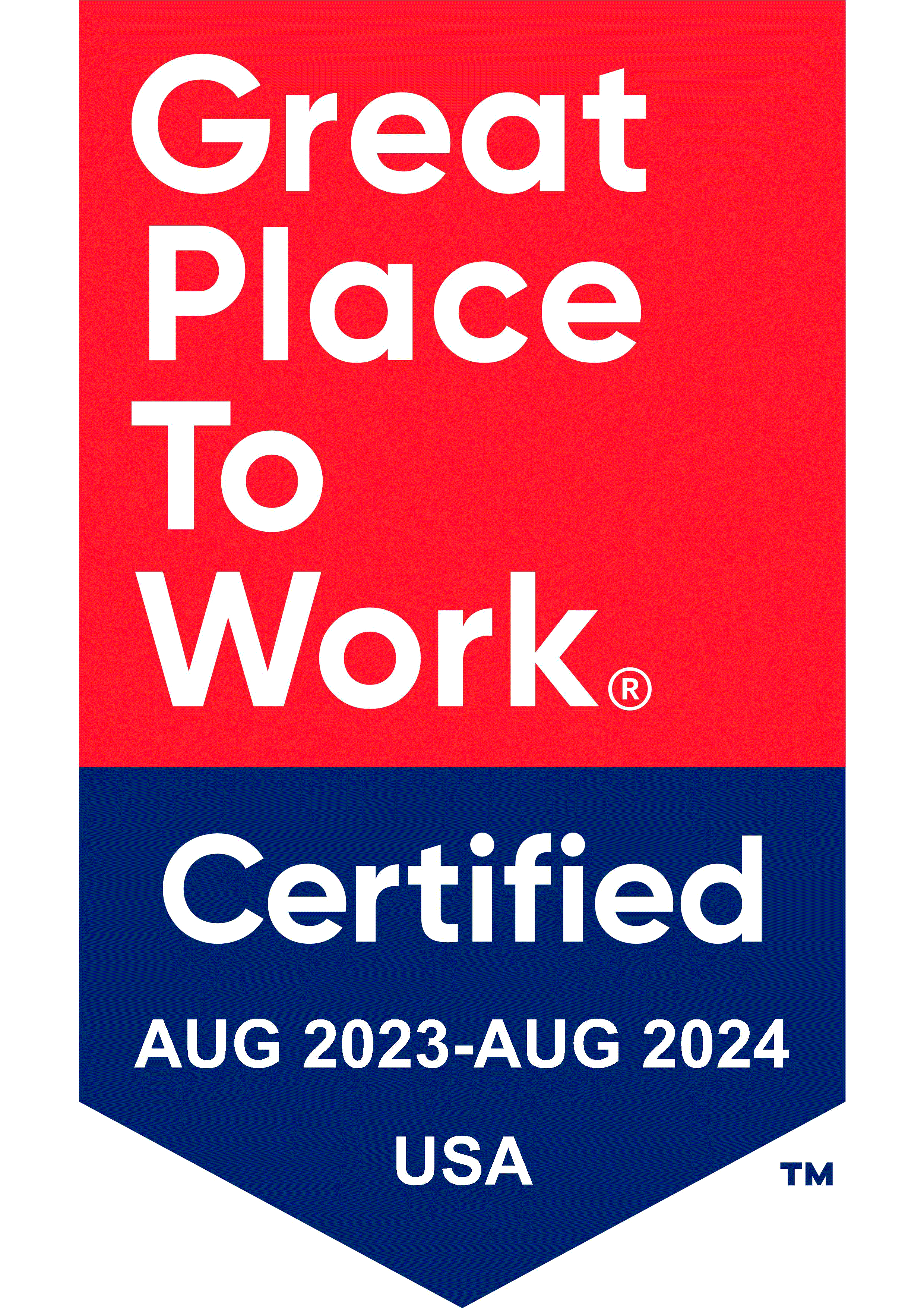 Red and blue Great Place to Work Certified logo.