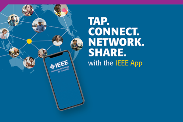 蓝色背景上的一部手机，上面有相连的面孔。文字显示为“轻触”。连接。网络共享。使用IEEE应用程序。”