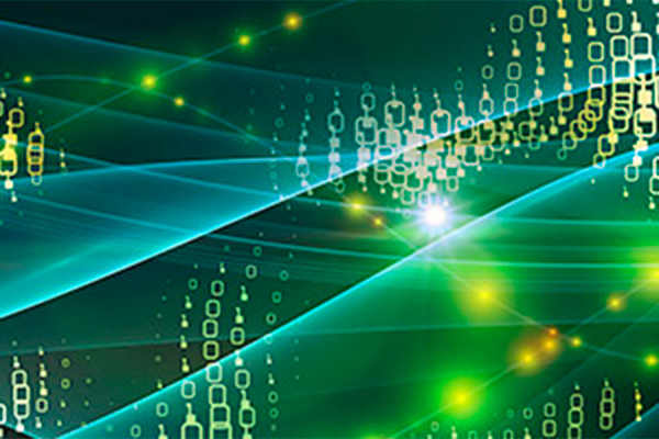 A predominantly green abstract image that contains semi-transparent waves and binary numbers.