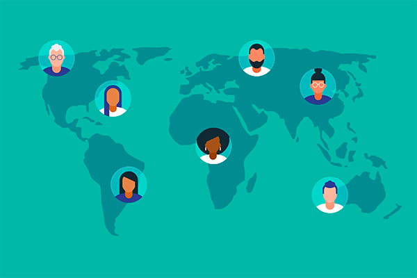A world-map illustration with headshots of seven diverse people over the continents.