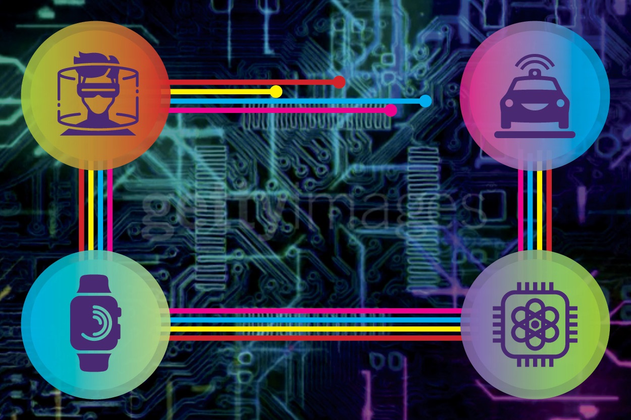 Illustration of four multicolored icons showing various types of technology, connected by red, yellow, blue, and purple lines. 