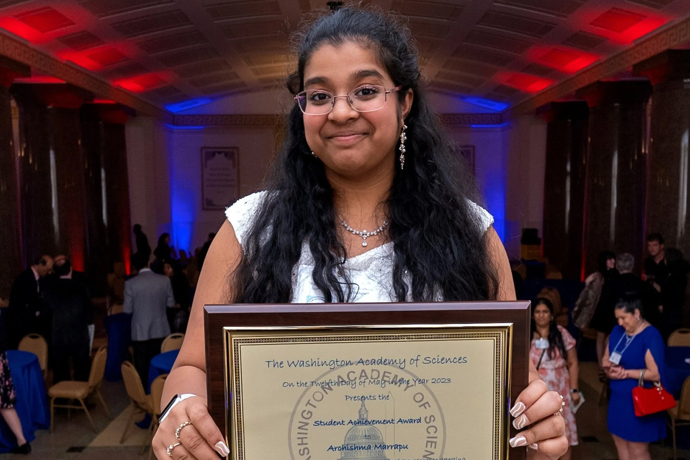 Archishma Marrapu received the Washington Academy of Science's 2023 Student Achievement Award at the George Washington National Masonic Memorial in Washington, D.C., USA
