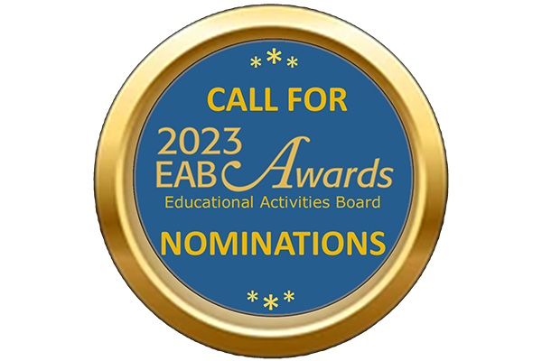 Gold stars in a medal-shaped circle. Text reads Call for 2023 EAB Awards Nominations. Educational Activities Board.