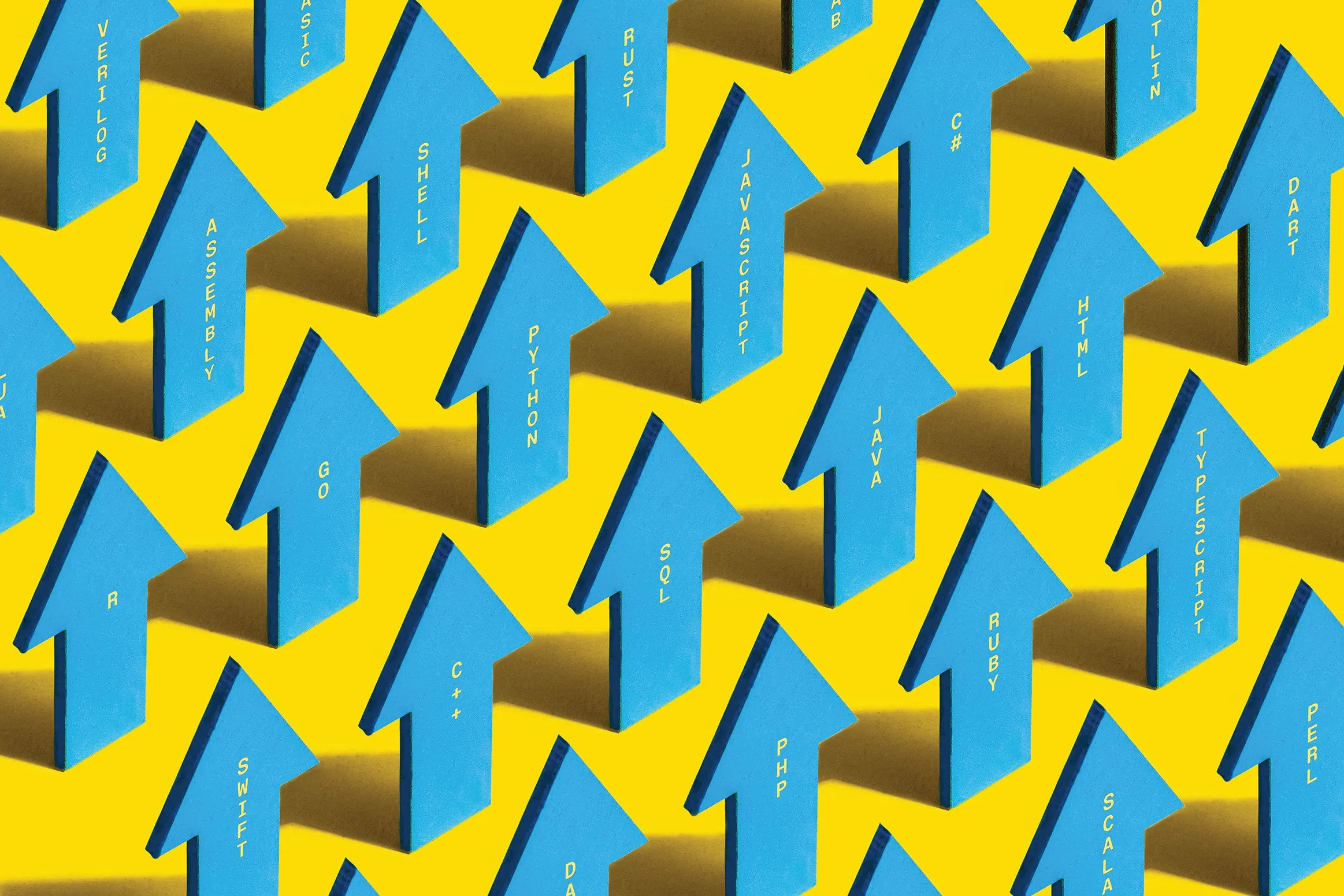 Blue arrows pointing up on a yellow background, with names of computer languages on them.