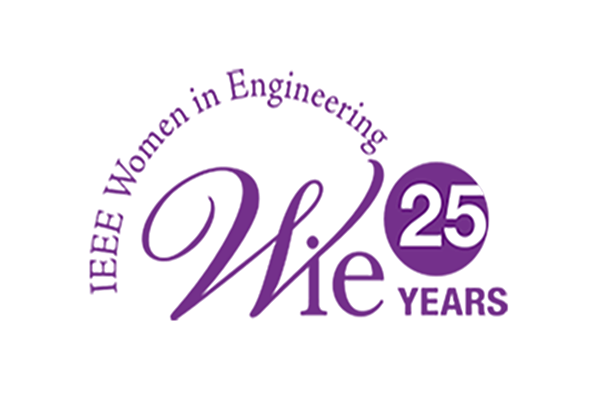 IEEE Women in Engineering WIE 25 Years logo in purple on white background.