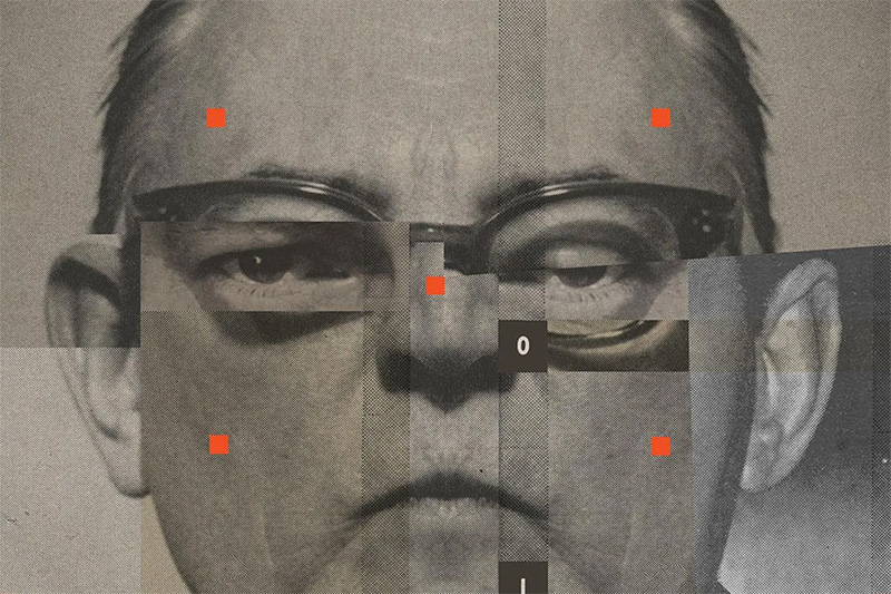 Close-up grotesque collage of a man's face, made of non-overlapping segments, with orange squares scattered across the image.