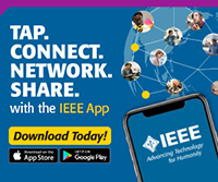 A cell phone on a blue background with connected faces on it.  The text reads 'Tap. Connect. Network. Share. with the IEEE App.'