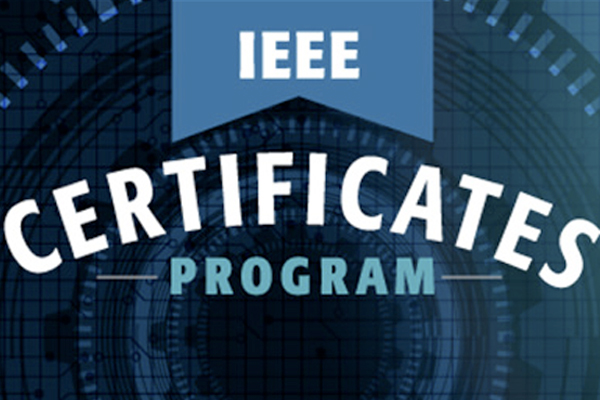 Blue abstract with white words over it, reading "IEEE Certificates Program."