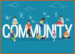 The word Community with illustrated people sitting on or against the letters of the word.