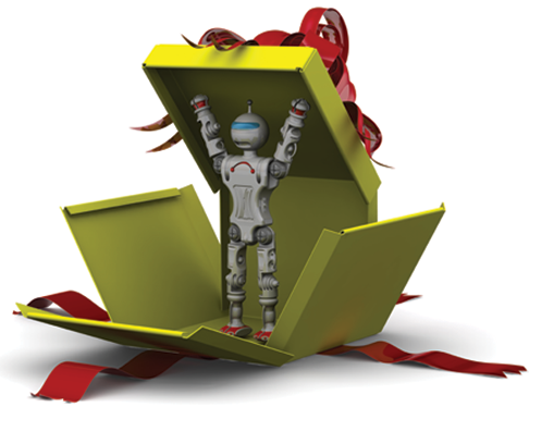 Robot lifting the lid from within a gift box.