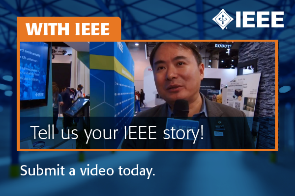 A picture of an IEEE member giving a video testimonial about his experience as an IEEE member while attending a conference